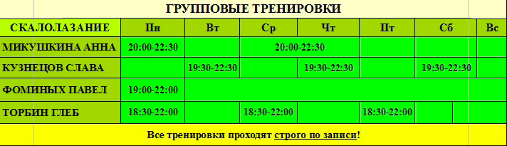 расписание тренировок по скалолазанию для взрослых