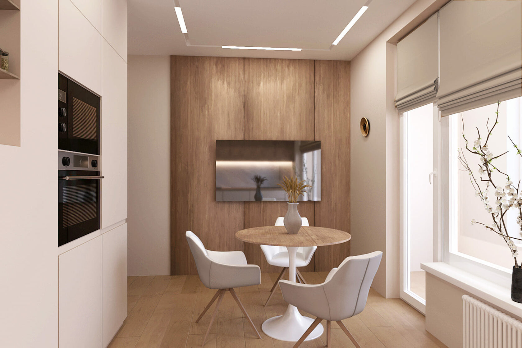 деревянные стеновые панели не стене кухни, круглый обеденный стол со светлыми стульями