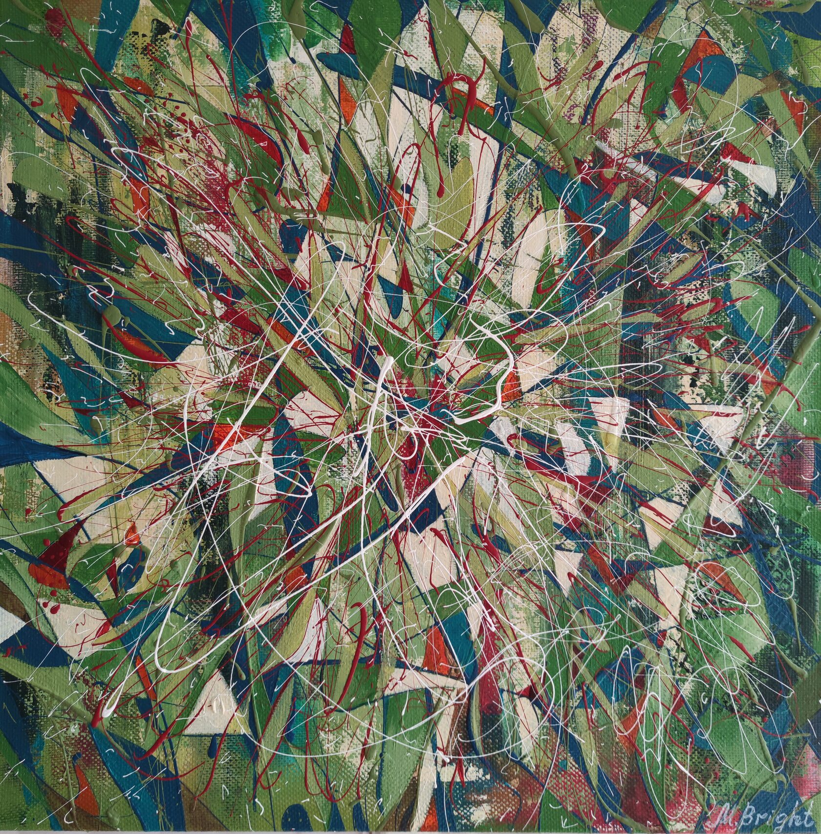 Ярко-зеленая картина на льняном холсте, размер 60*60см, написана в технике абстрактного экспрессионизма известной современной художницей Машей Брайт, данная работа участвовала в двух выставках