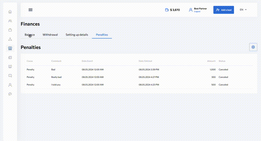 регистрация партнера и управление его профилем