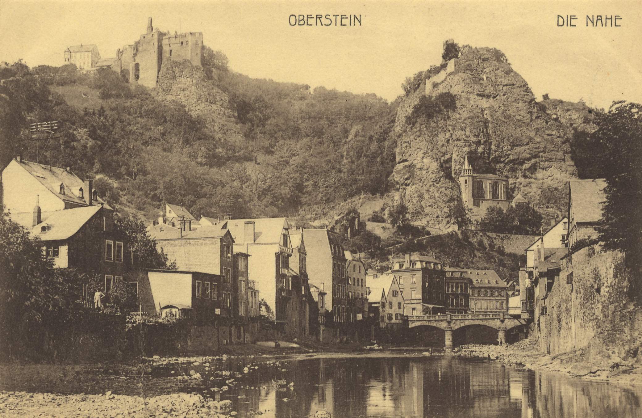 Oberstein on the Nahe with the Felsenkirche and castle ruins, historic postcard around 1900