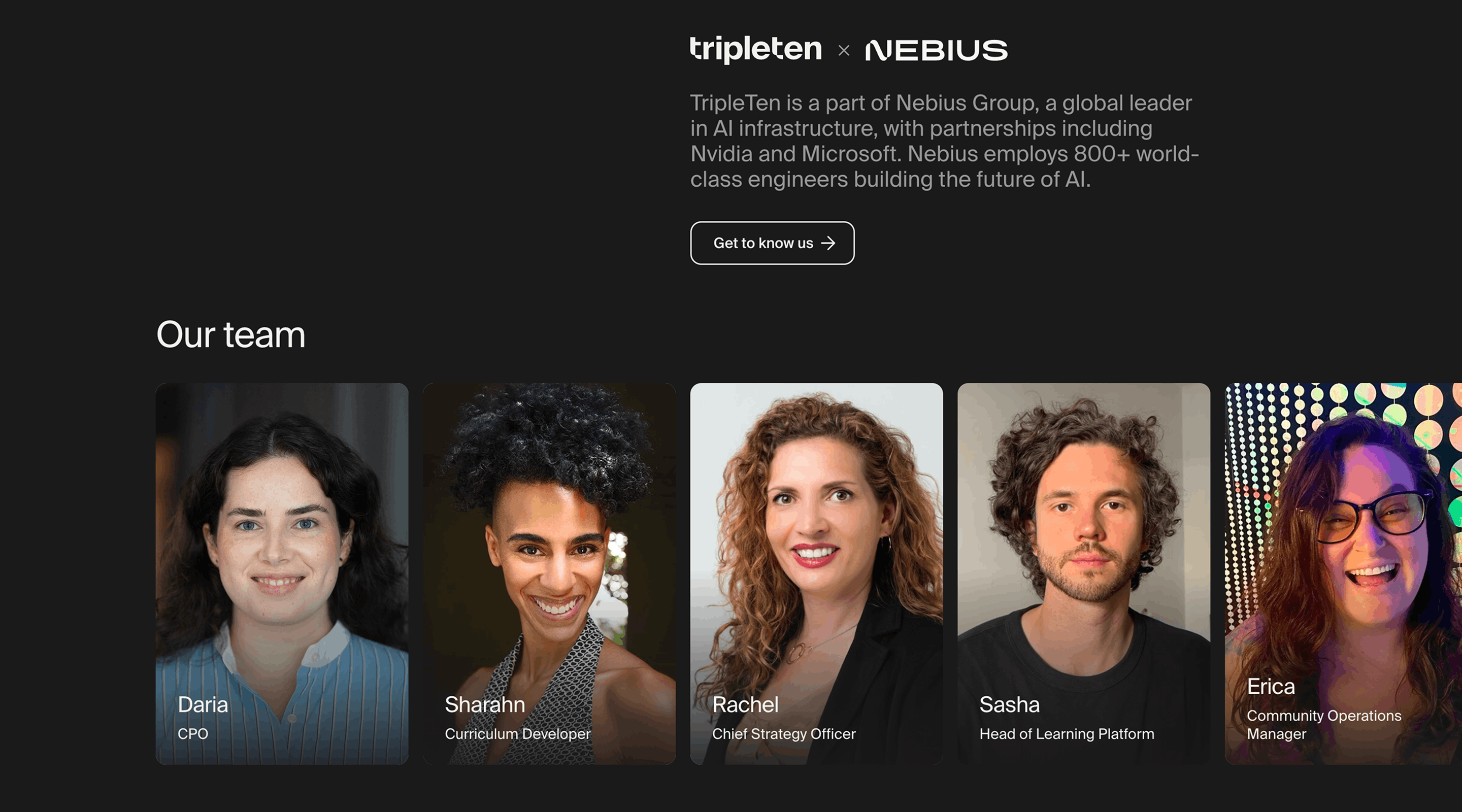 TripleTen &times; Nebius section explaining the group structure, above the &ldquo;Our team&rdquo; cards