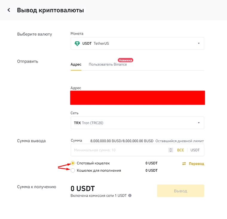 окно вывода криптовалюты с биржи Binance