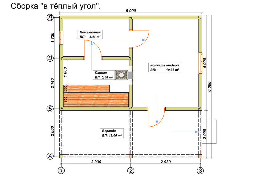 Проект бани 6 на 4 из бруса