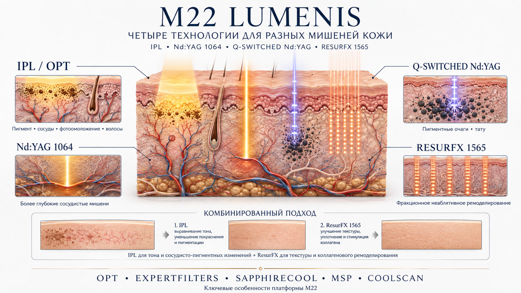 Stellar M22: схема воздействия IPL, ResurFX и Nd:YAG