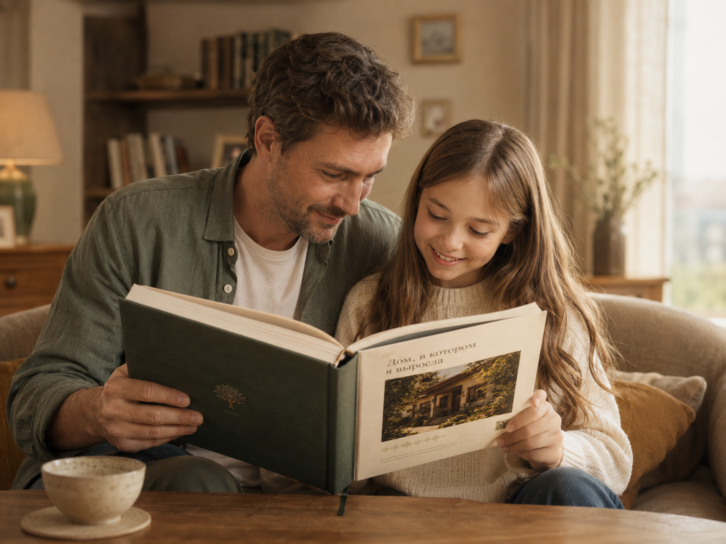 Отец и дочь вместе читают семейную Книгу жизни