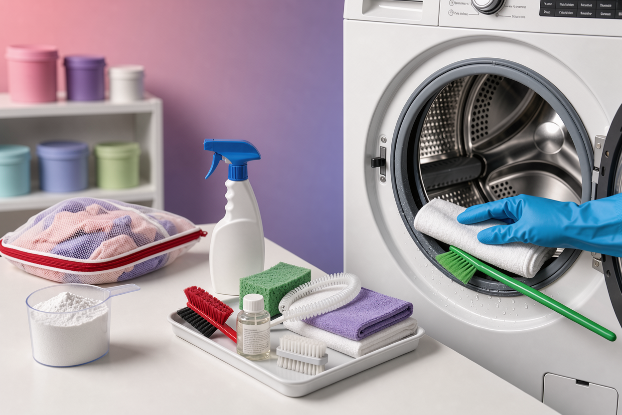 A tidy laundry area showing measured detergent scoop, a mesh bag with delicates, and an open washing machine drum being cleaned, tools and maintenance items visible but unbranded