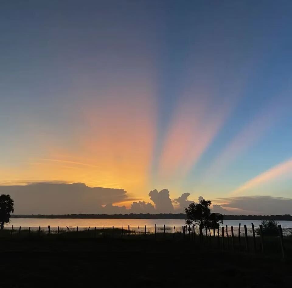 Crepuscular rays over the paddock and lake at dusk at Vonfidel Ranch