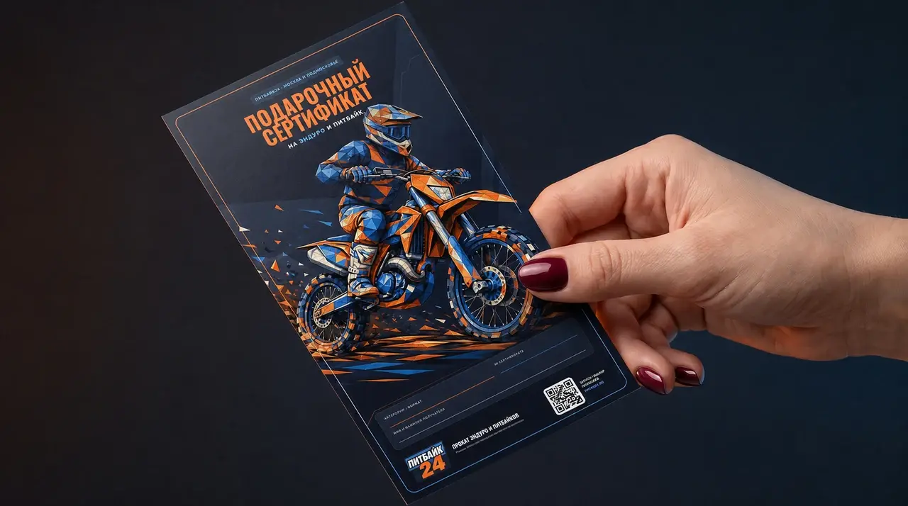 Подарочный сертификат на катание на питбайке и эндуро PITBIKE24 в женской руке