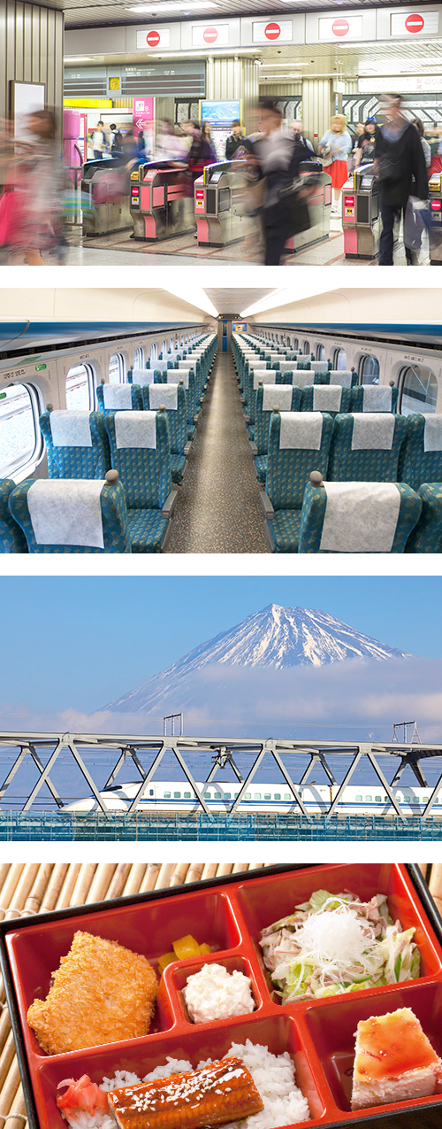 Скоростной поезд синкансен мчится на фоне горы Фудзи