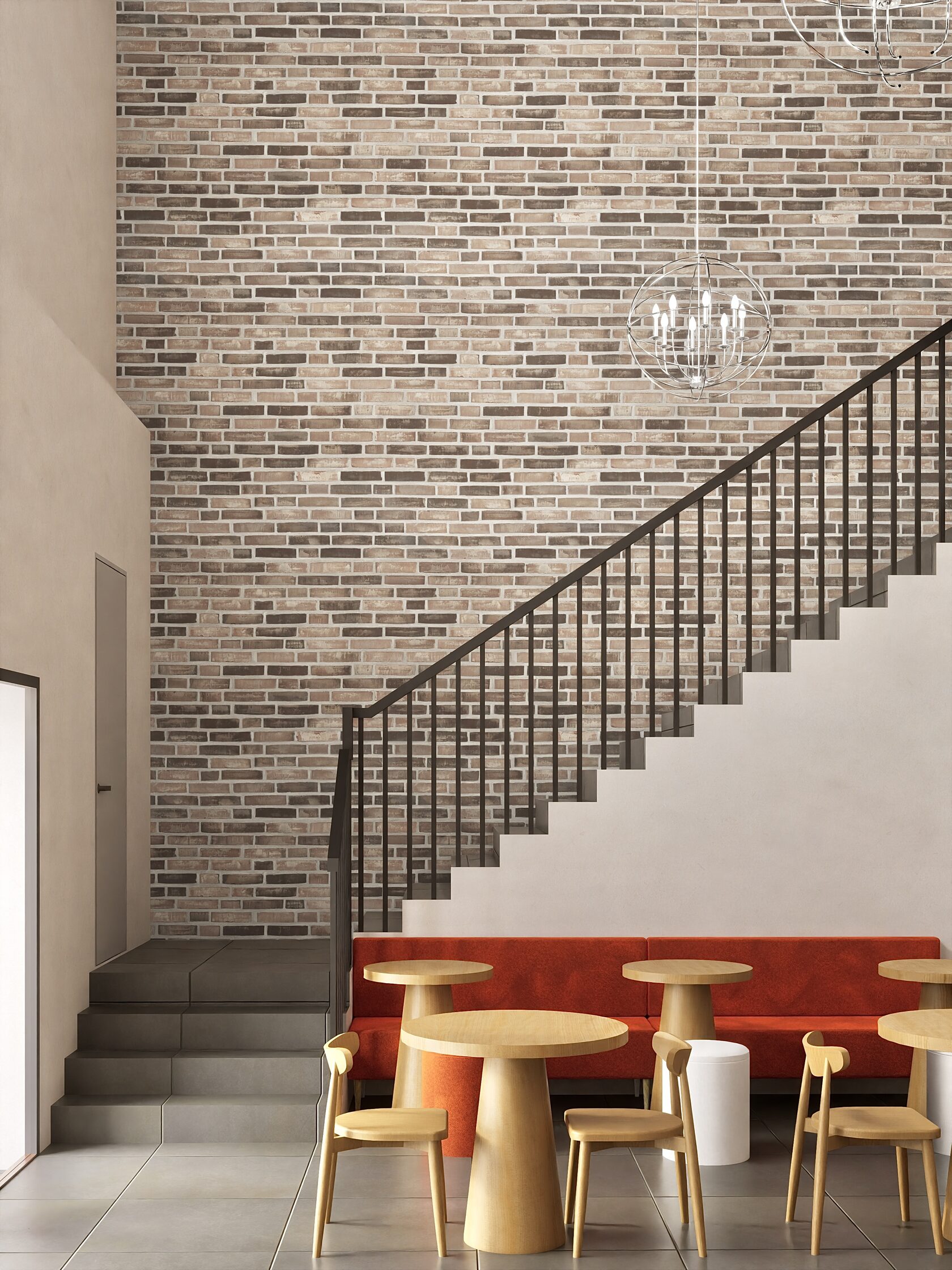 кирпичная стена у лестницы декоративный кирпич коричневый 