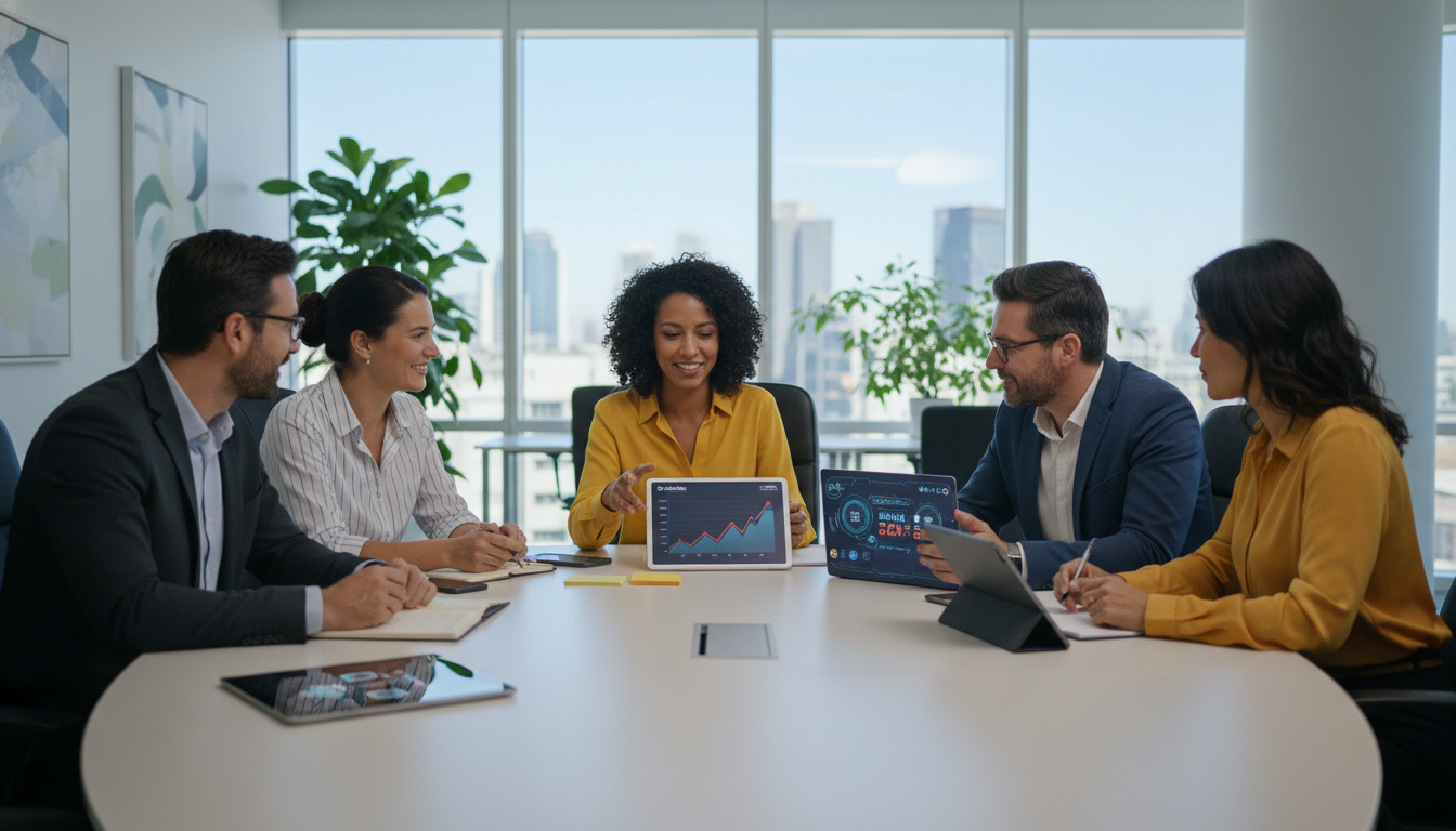 Profesionales inmersos en una discusión colaborativa sobre alianzas de banca digital. 