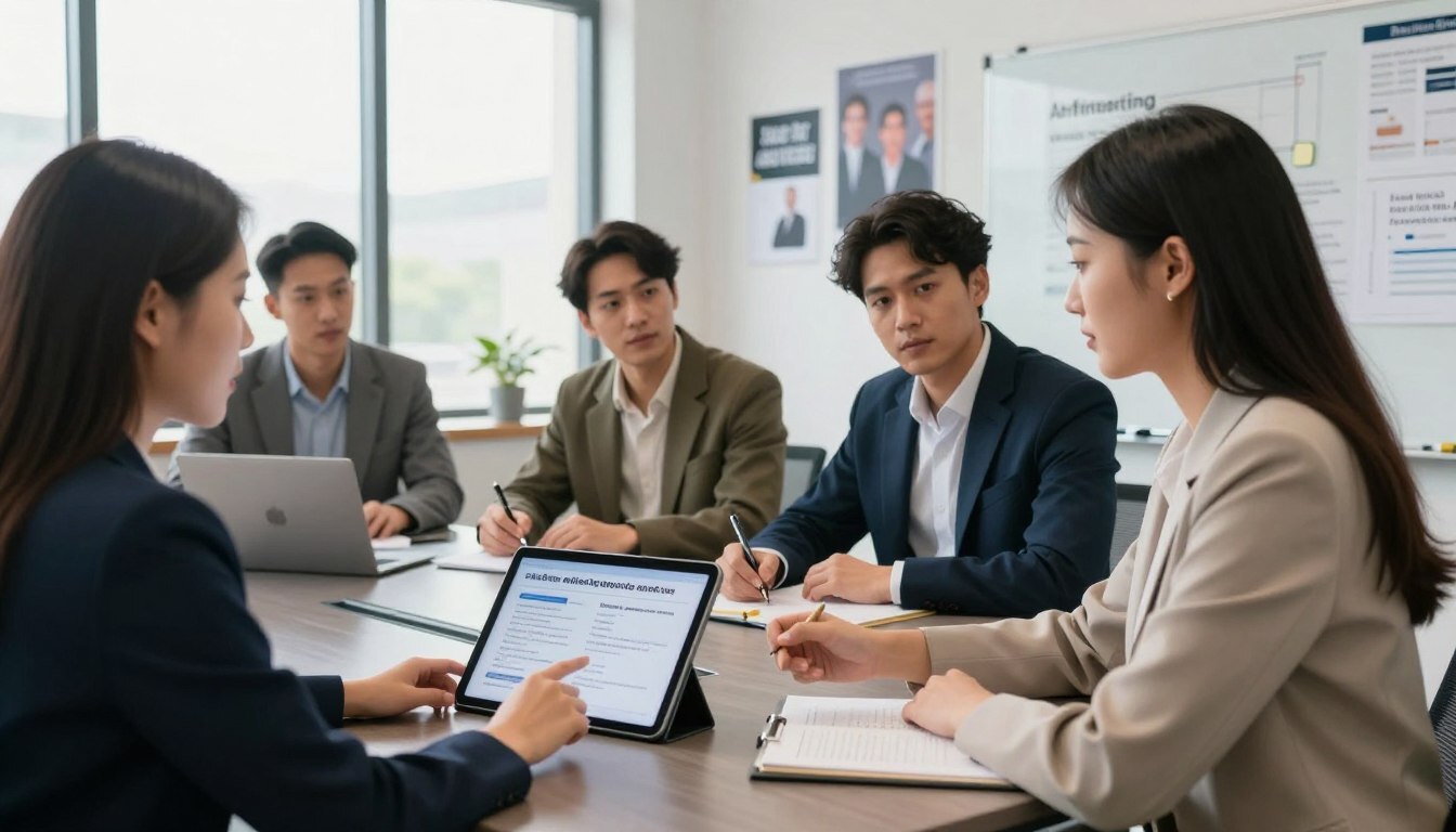 A modern office setting showcasing a group of professionals.