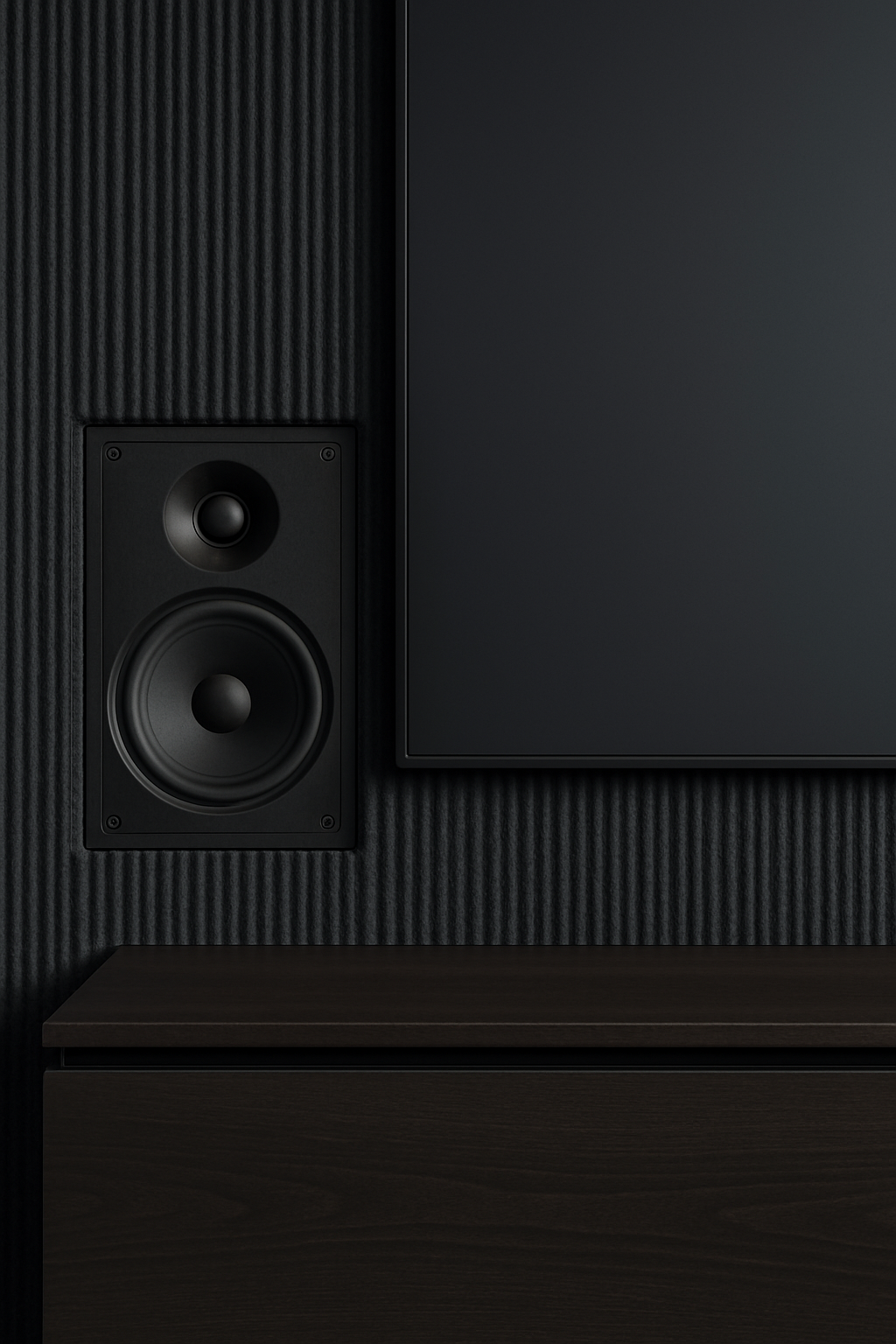 Встраиваемая колонка за чёрной акустической тканью; ниша под ТВ без проводов, матовые поверхности вокруг.