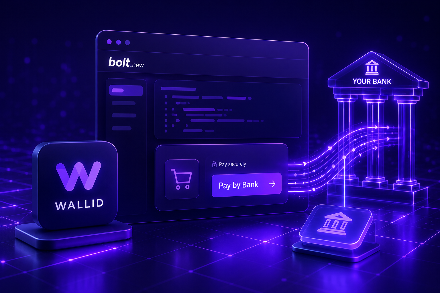 Futuristic illustration of a Bolt.new application connected to Wallid Pay by Bank through Open Banking showing modern payment infrastructure for AI-built applications.