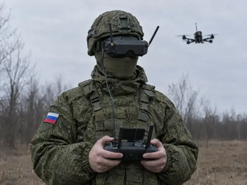 Оператор беспилотника с пультом управления на полевой позиции