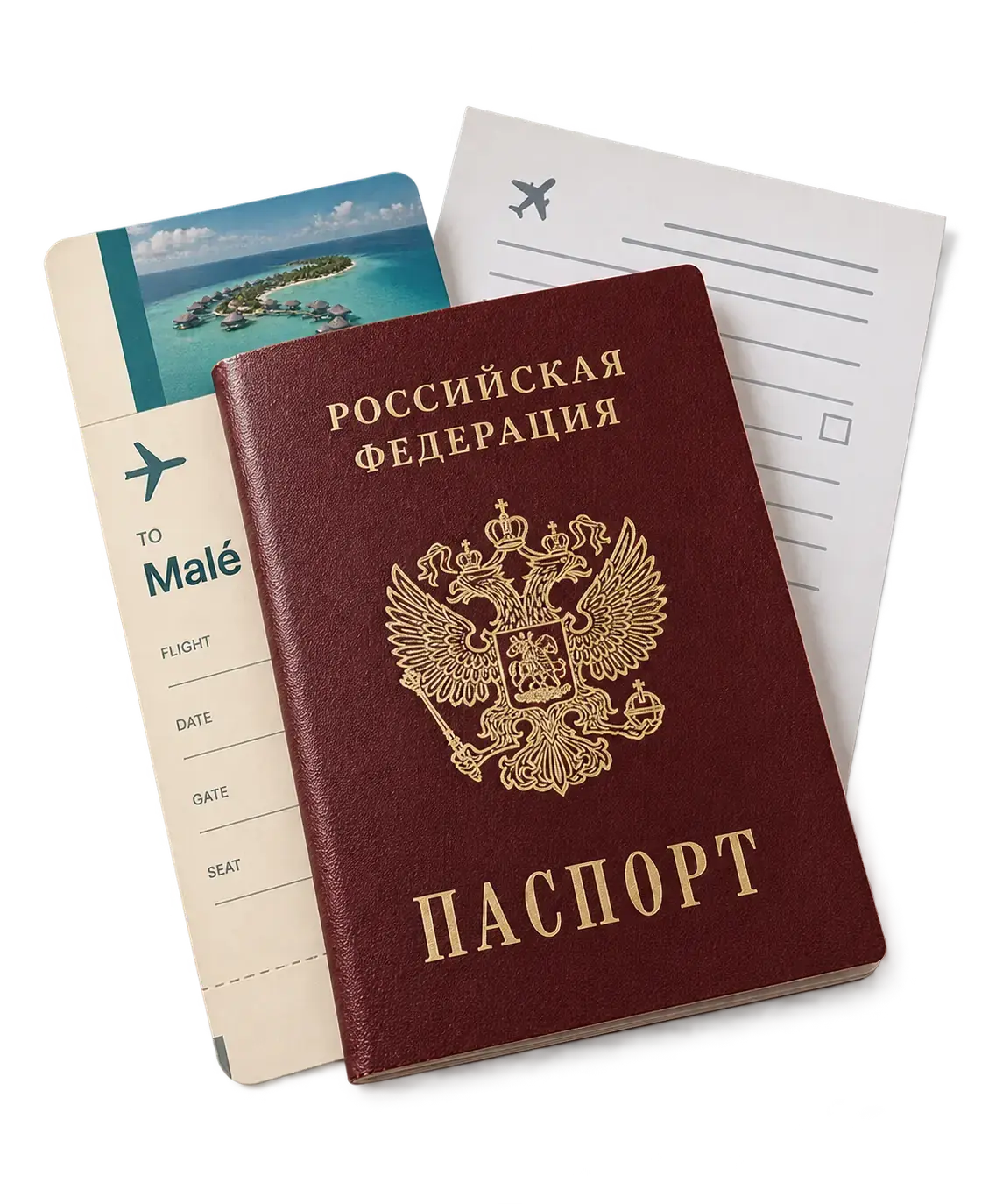 Российский загранпаспорт, билет до Мале и бланк декларации