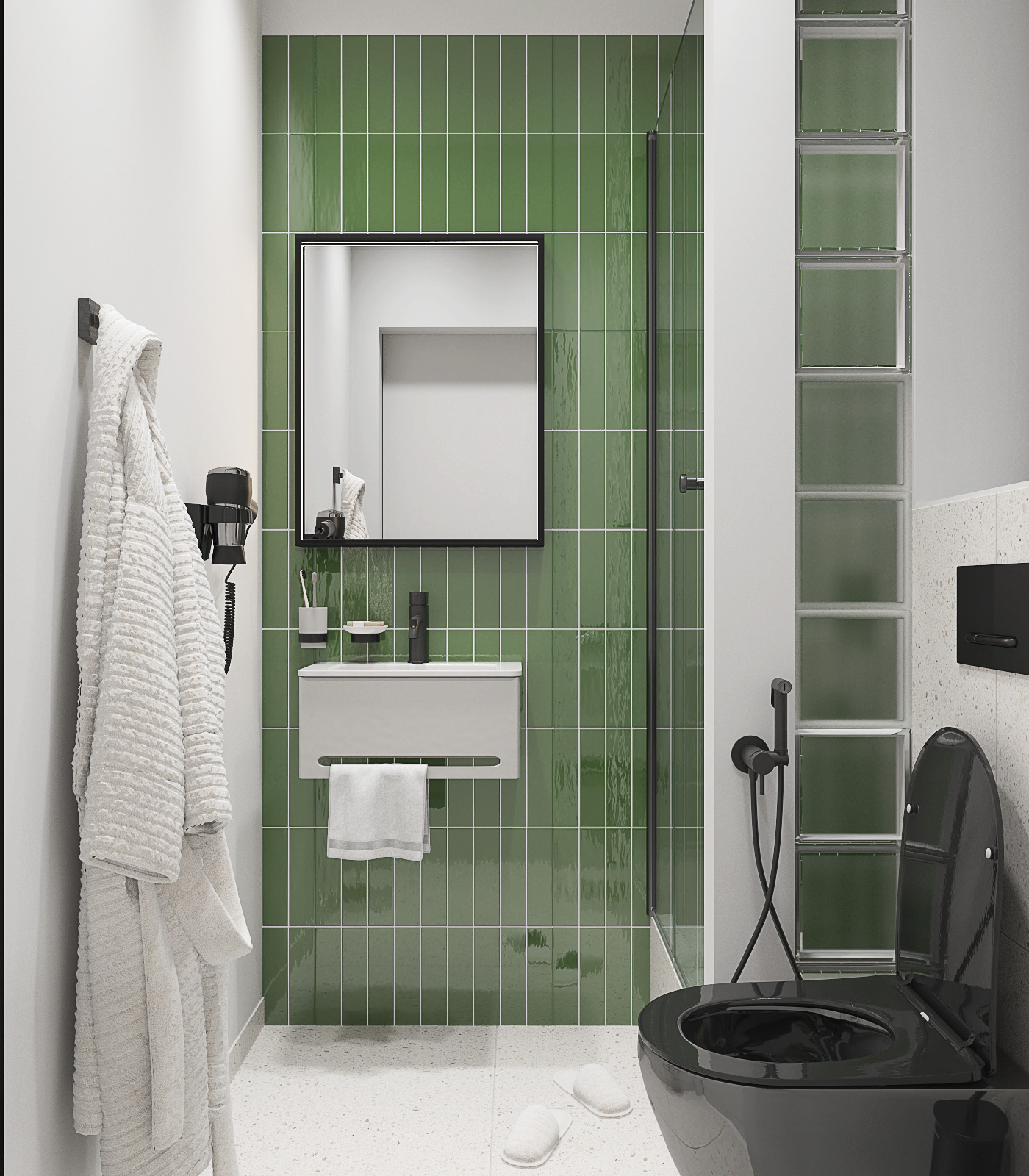 Душевая в квартире из стелоблоков. Маленькая подвесная раковина, черные смесители и унитаз.