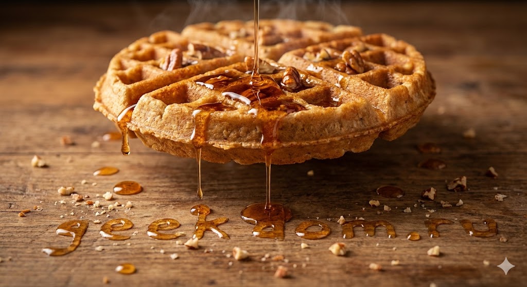 Кленовый сироп стекает по горячей овсяной вафле с орехами