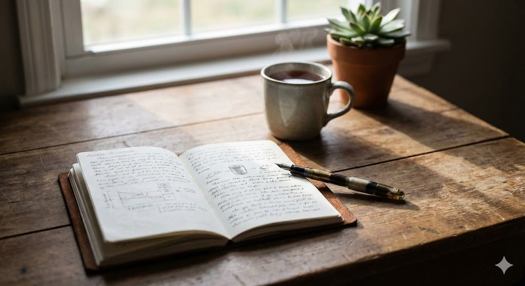 Дневник и ручка на столе для практики саморефлексии в День нравственности 