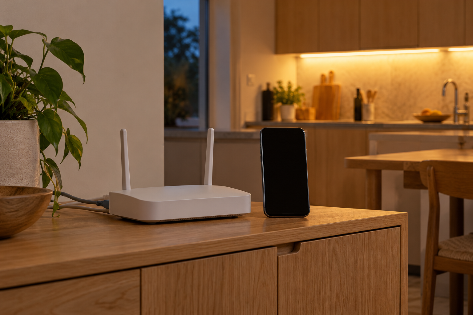 Домашний Wi-Fi-роутер и телефон рядом с освещённой рабочей поверхностью