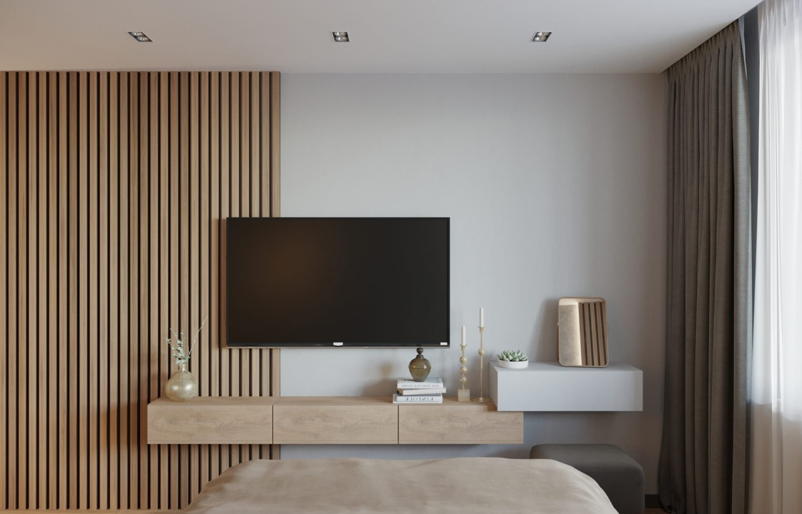 отделка декоративными рейками части стены