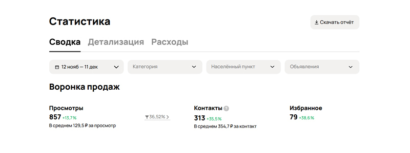 Скриншот из панели аналитики сервиса продвижения на Авито