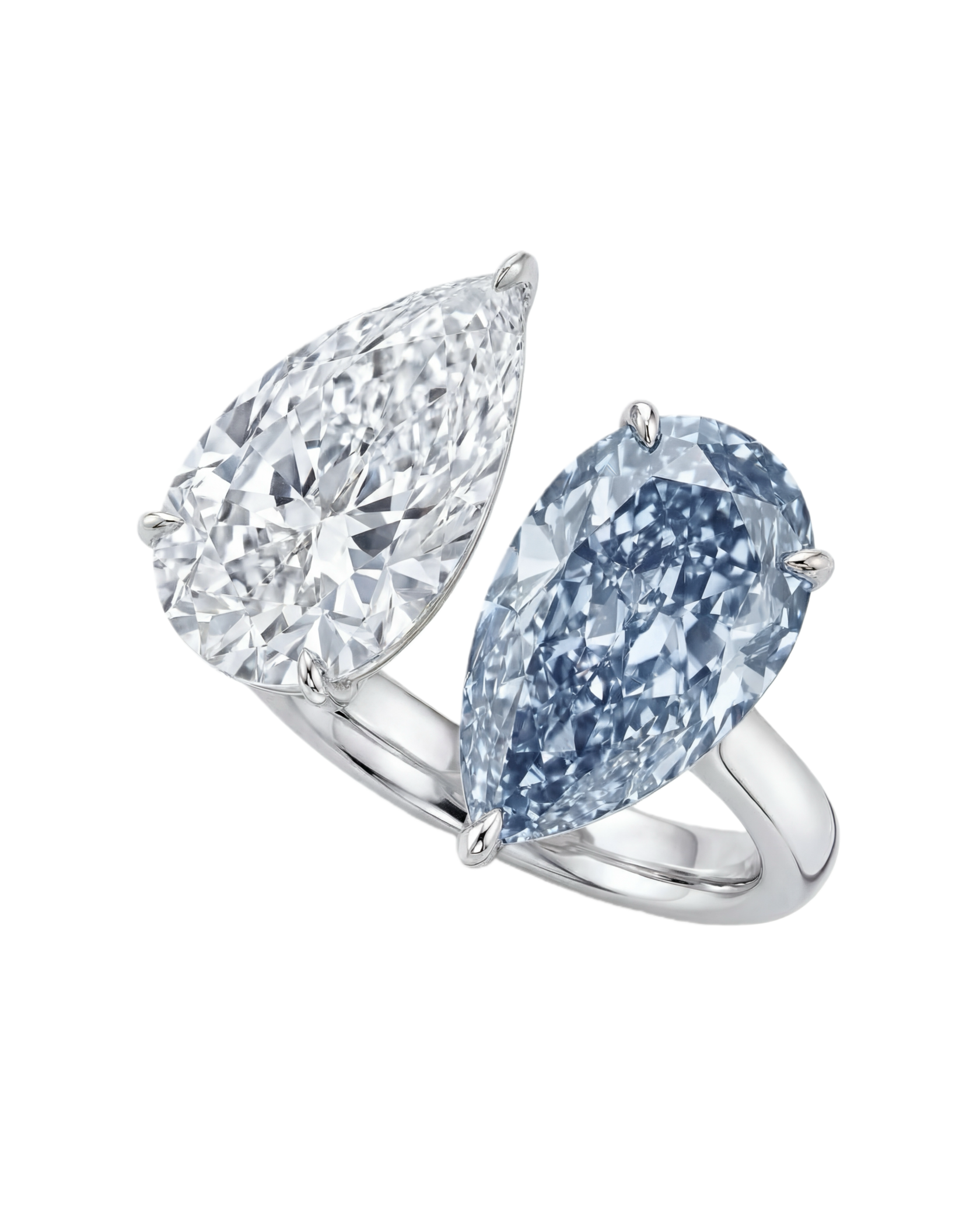 Кольцо Ты и Я Toi et Moi с голубой и бесцветной грушей выращенные бриллианты