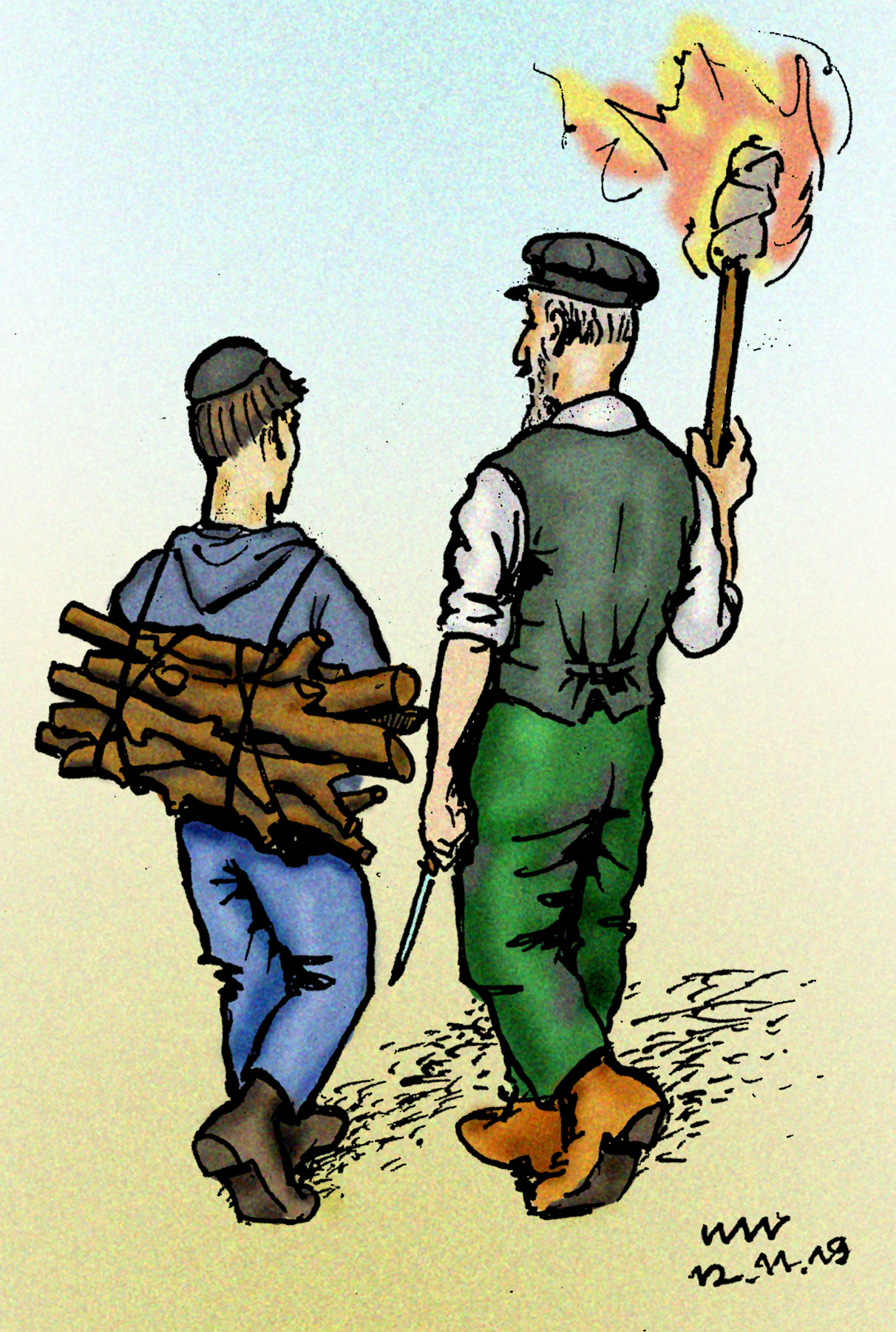 На рисунке Йосифа Лихтарёва отец и сын идут с дровами, факелом и ножом - предметами, связанными с акедой Ицхака. Художник тонко передаёт духовные смыслы: дерево как аллегория Торы, огонь как заповедь соблюдения Шабата и нож как символ кашрута, что усиливает тему веры и самоотверженности в главе «Вайера».