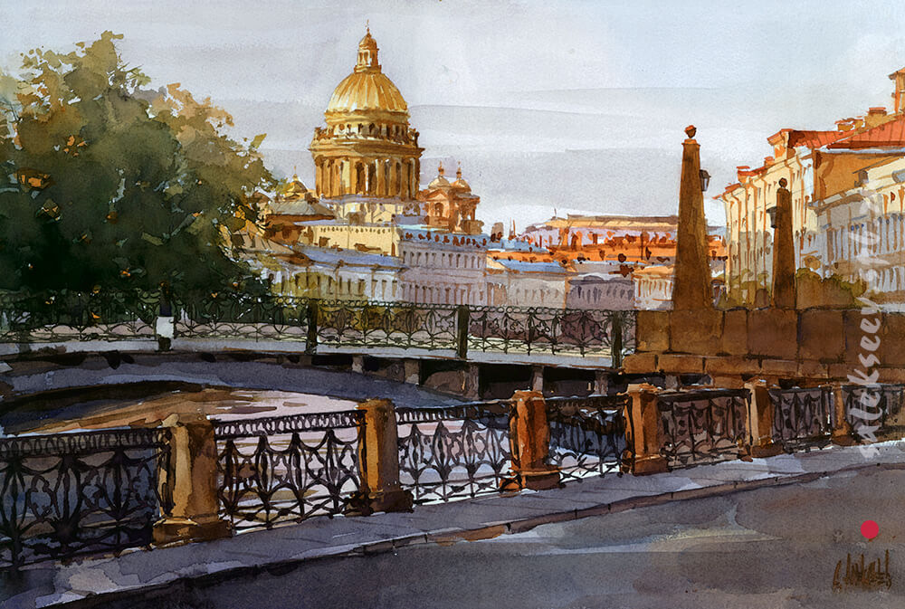Views of the St. Isaac's cathedral in the evening. Watercolor on paper, 56x36 cm