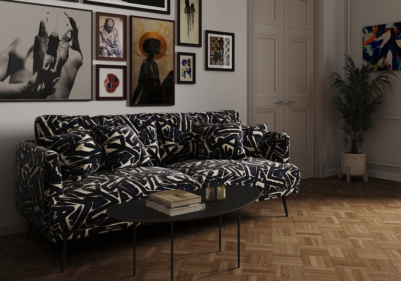Светлый интерьер гостиной, черно-белый диван с этническим рисунком, ламинатный пол, атмосферные картины на стене