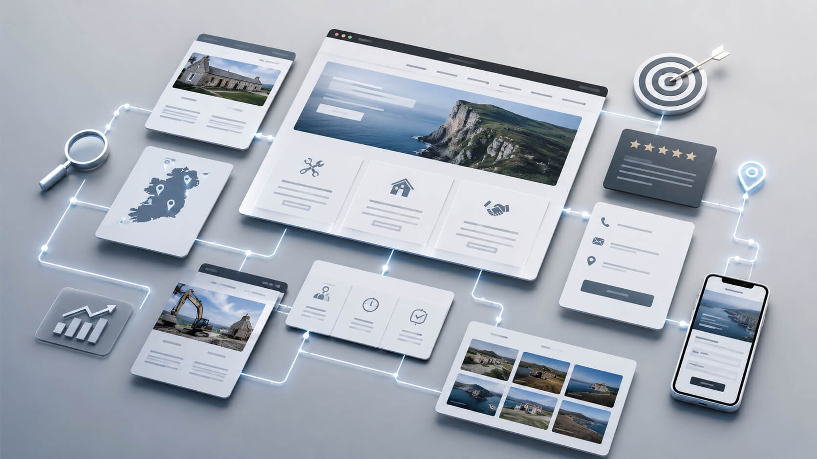 Abstract SEO-ready website structure showing organised service pages, internal links and clear growth foundations