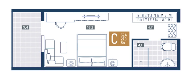 Планировка студия 32,4 м²