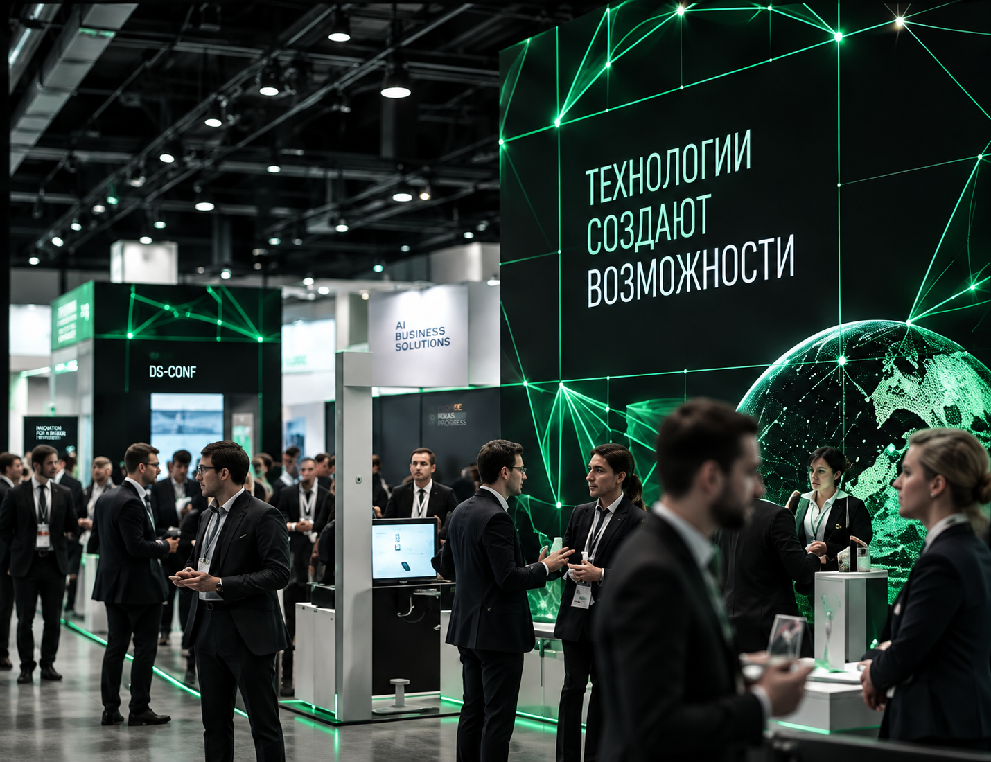 Посетители у стендов выставки технологий