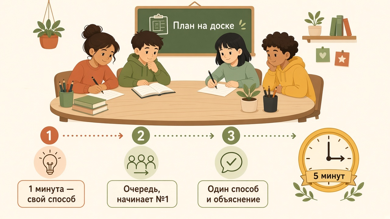Команда из четырёх: минута на свой способ, очередь с участника №1, один общий способ, пять минут, план на доске