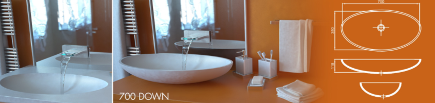 "Раковина 700 DOWN из акрилового камня, размеры: ширина 700 мм, глубина 350 мм, высота борта 116 мм. Овальная форма, схема параметров и монтажа."