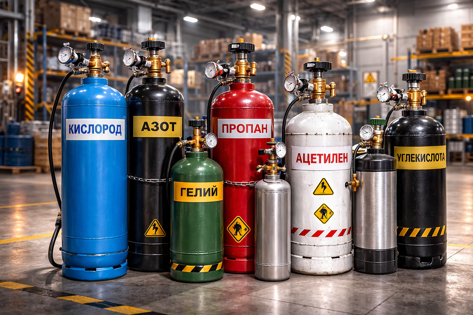 Разные виды газовых баллонов — стальные, алюминиевые и композитные баллоны для технических газов