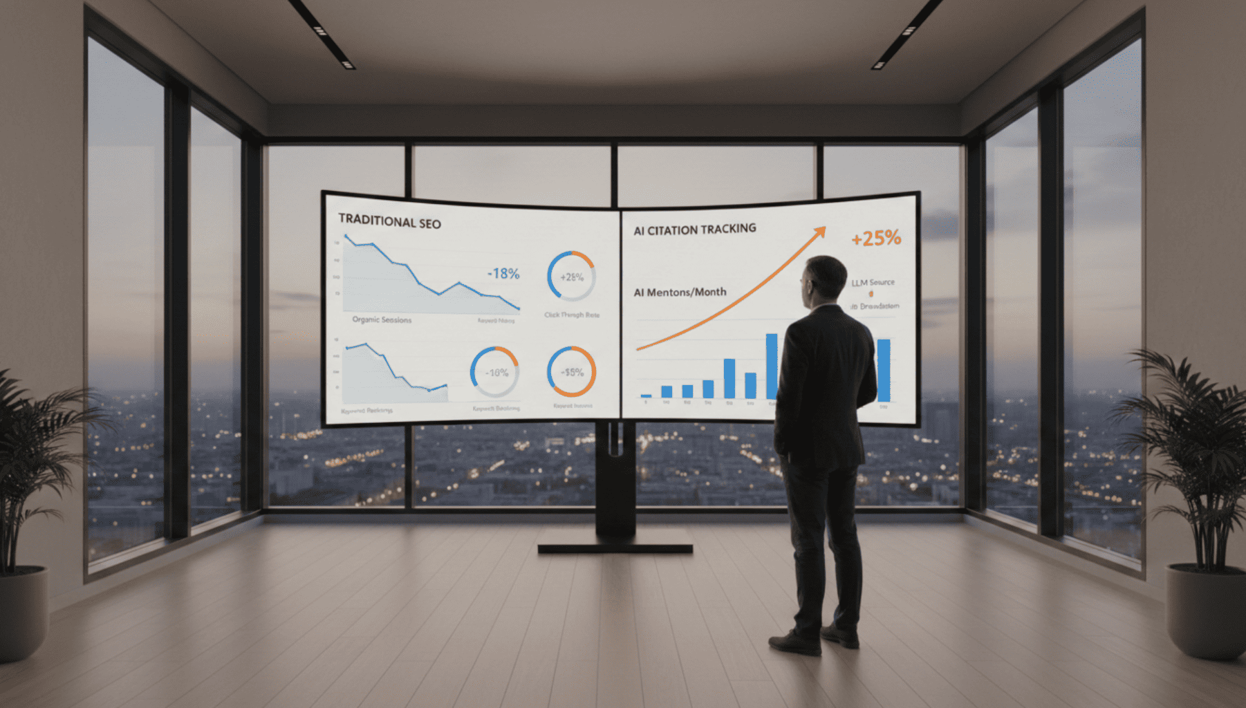 Enterprise CMO reviewing AI citation analytics and GEO performance metrics on a split-screen executive dashboard in a Tashkent office.