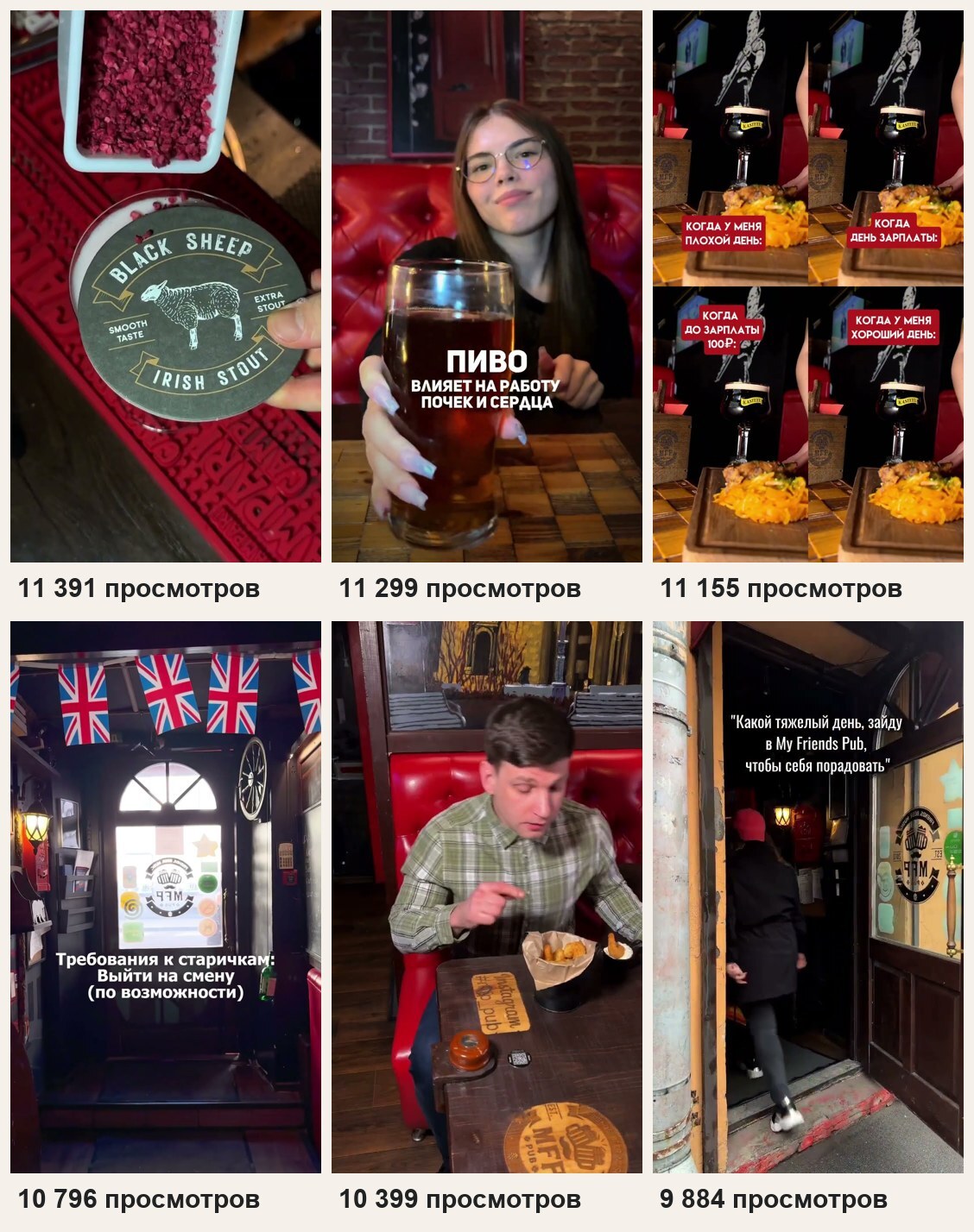 Шесть самых популярных шортсов My Friends Pub за апрель — сентябрь 2024 года: от 9 884 до 11 391 просмотра на 17 октября 2026 года.