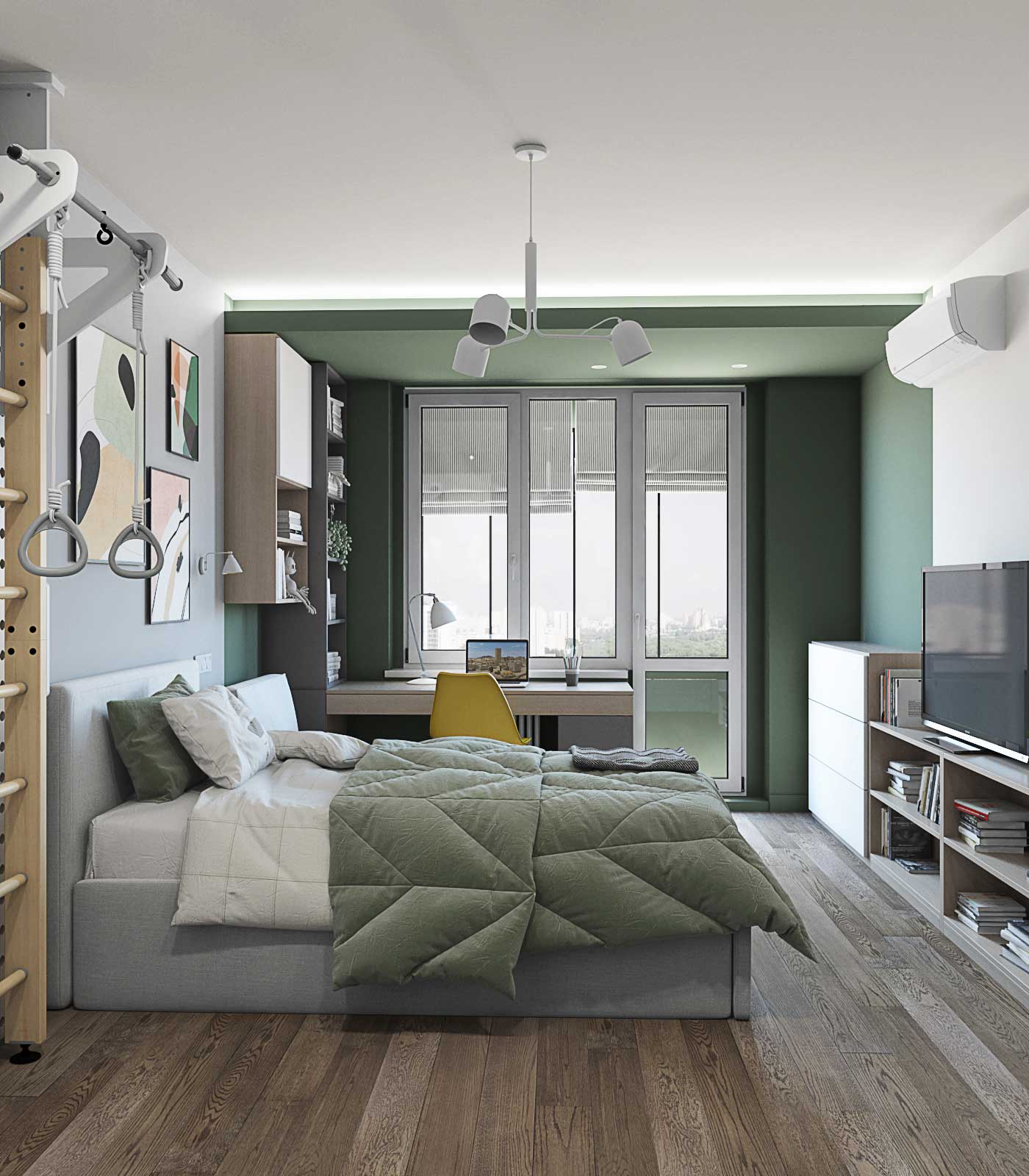 Зеленая детская, рабочее место для школьника. Вход на балкон Светильники в десткой