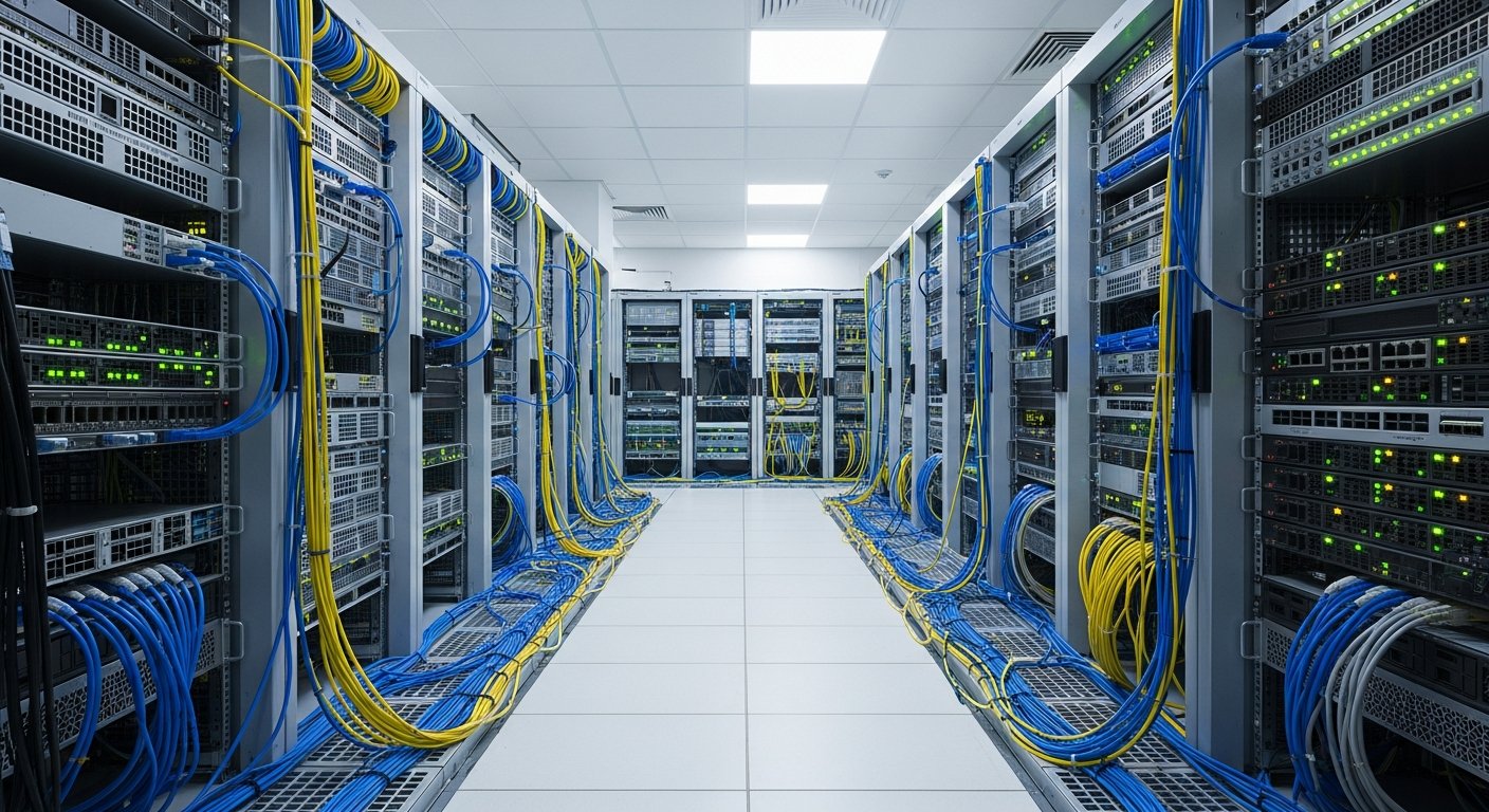 Серверная комната с оборудованием, работающим круглосуточно без перерывов, под равномерным освещением