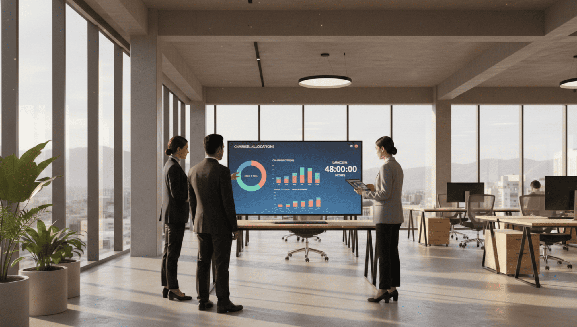 Marketing team reviewing an AI-powered media planning dashboard in a Tashkent office, with channel allocation charts and predictive CPA data visible on screen