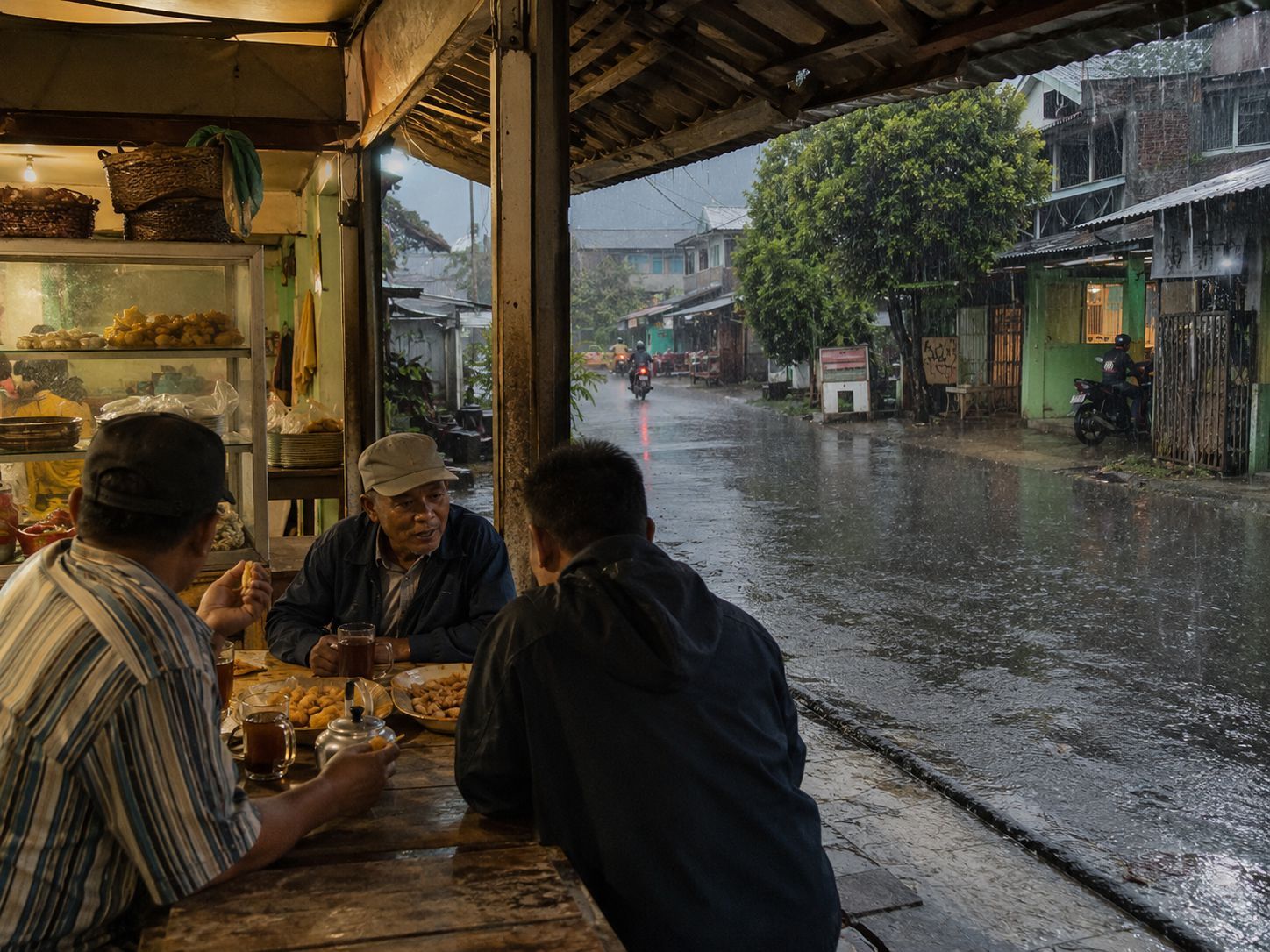warung Indonesia ramai saat hujan sore