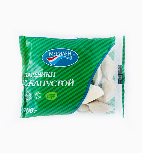 Вареники «С капустой» от производителя Мерилен — замороженные полуфабрикаты с начинкой из жареной капусты, классический домашний вкус. Упаковка: 400 гр.