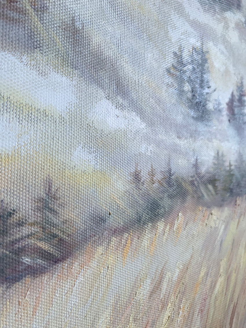 Interior painting, oil on canvas, oil painting, landscape, mountains, forest, forest landscape, author's painting, sunset, sun rays, fog, foggy mountains, forest in fog, ocher, yellow, HERITAGE OF THE MIST