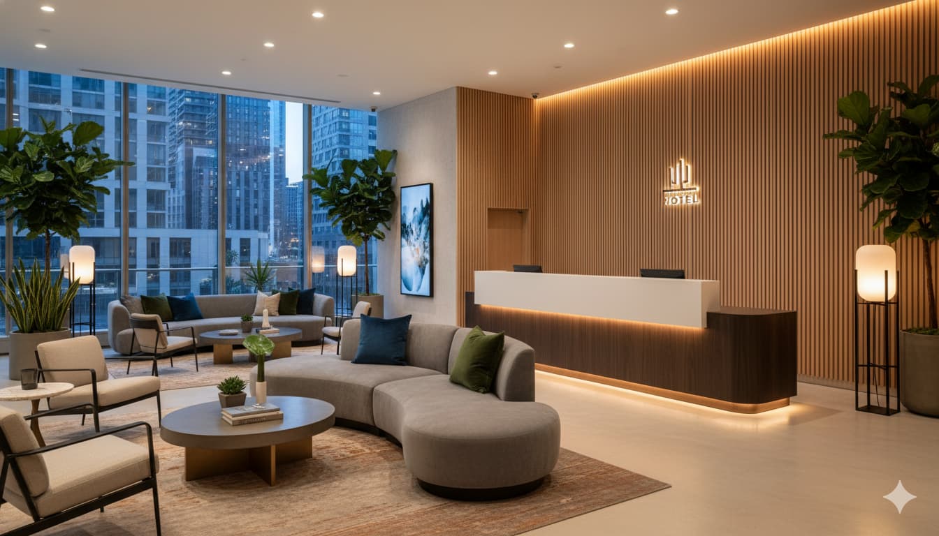 Современный и стильный лобби отеля с удобной зоной ожидания и стойкой ресепшен