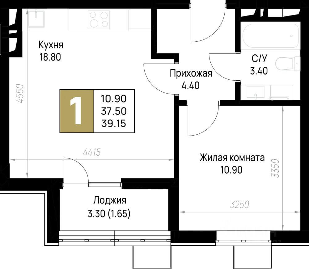 Планировка 1-комнатной квартиры 39.15 м²