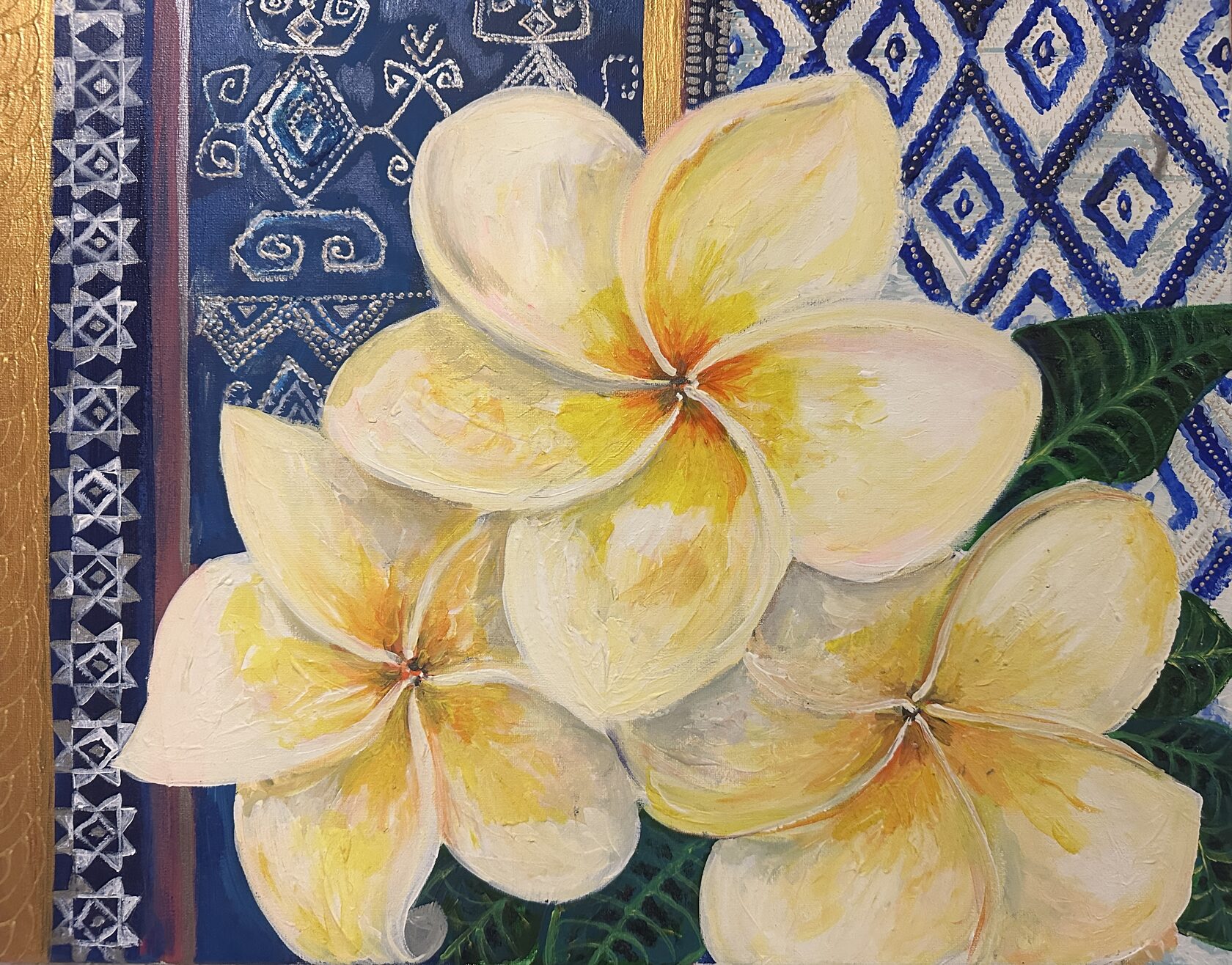 Frangipani — acrylic painting of white and yellow plumeria flowers on a blue batik background