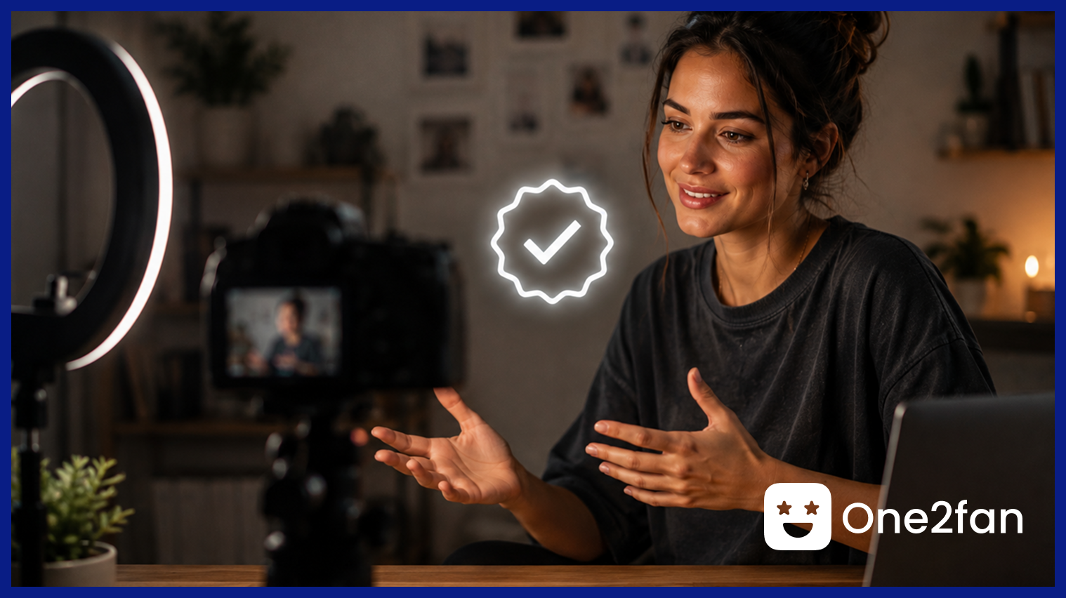 Content creator filming a video with a verification badge, representing One2Fan creator verification and platform legitimacy.