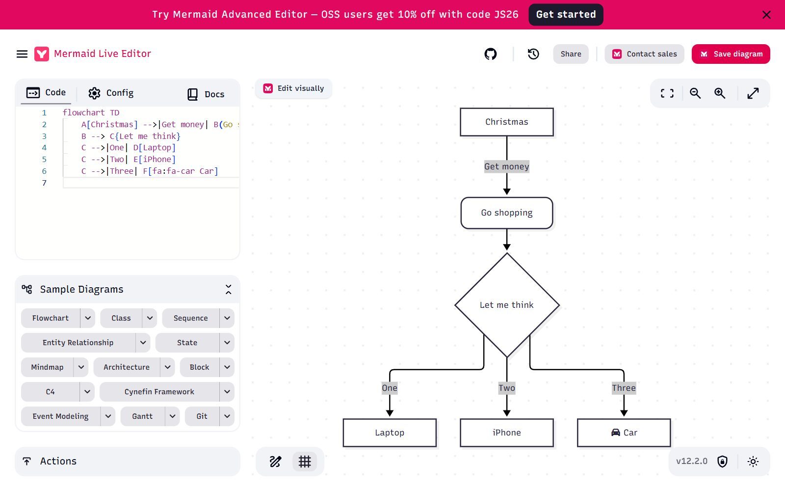 Mermaid Live Editor screenshot with a flowchart (October 2026)